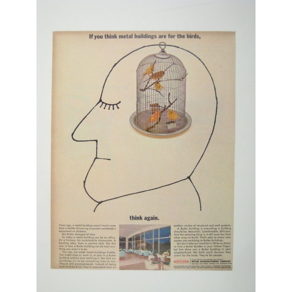Vintage Armstrong Metal Building Print Ad Bird Cage Contour Figure MCM